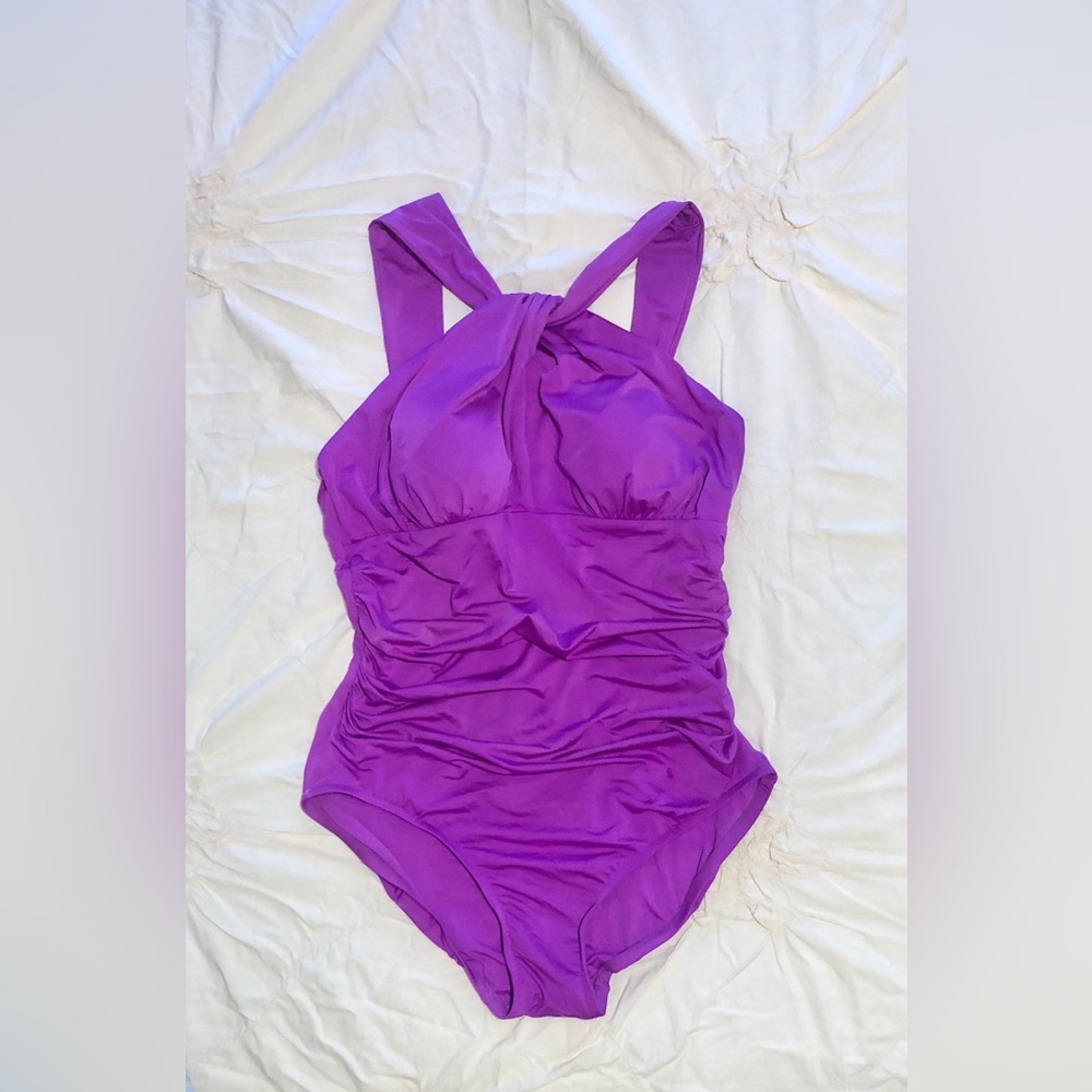 Badgley Mischka Purple Ruched Halter One Piece Swim Suit size 14 - Picture 2 of 8